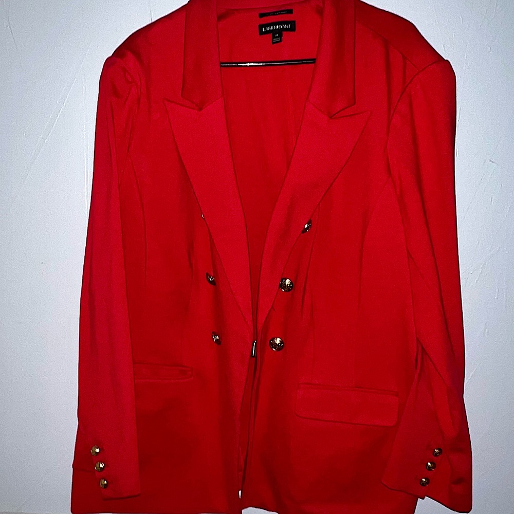 Lane Bryant red blazer with military gold buttons.